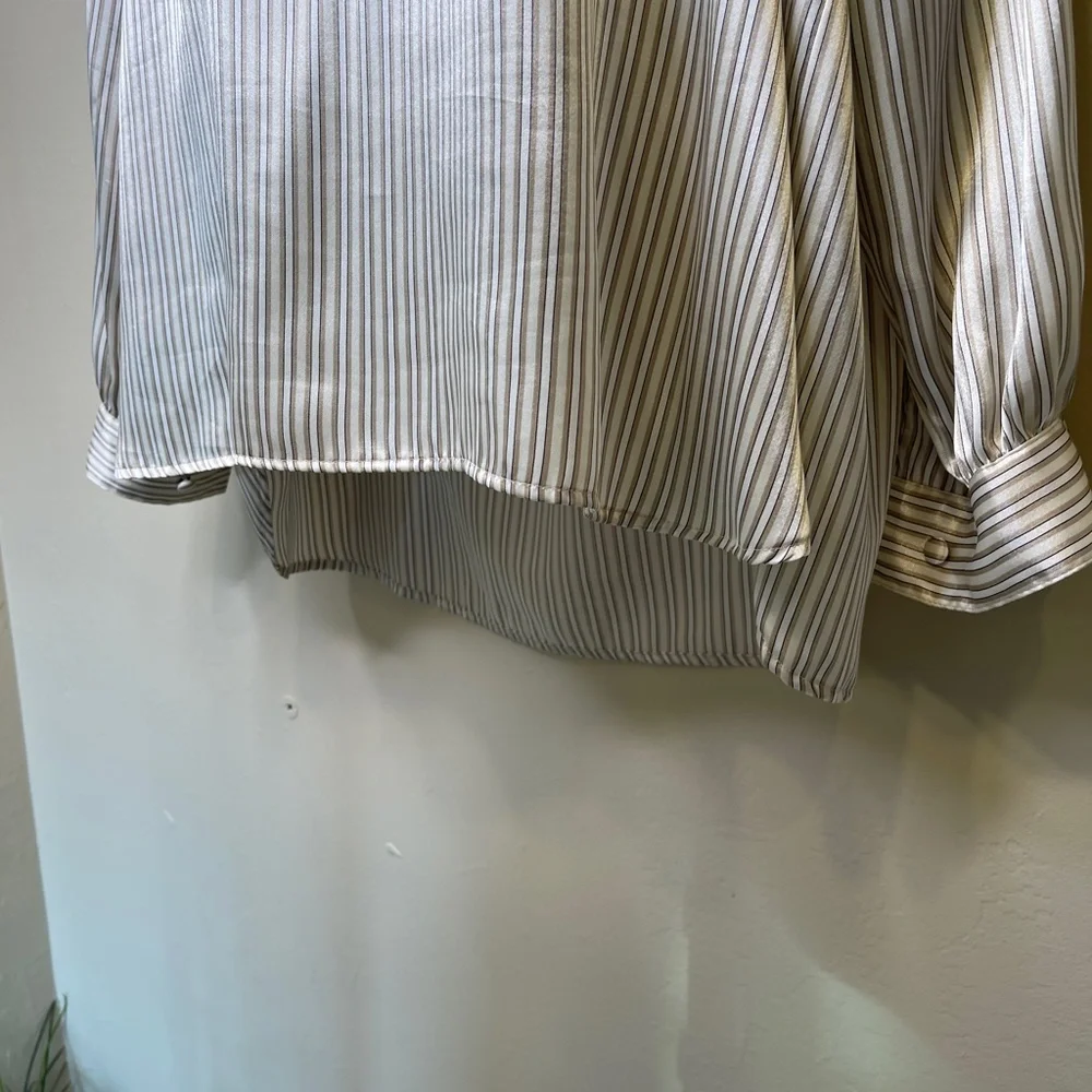 Notations | VTG Striped Shiny Silky Long Sleeve Round Neckline Charmeuse Blouse - Picture 7 of 13